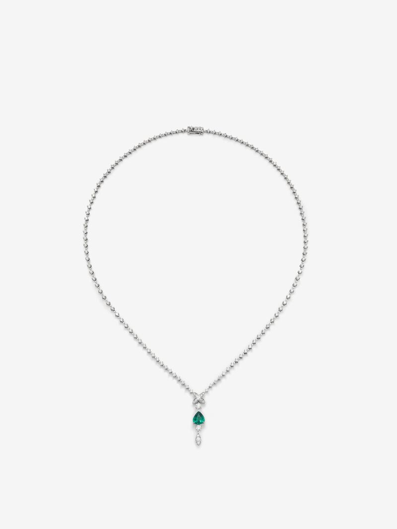 18K white gold necklace with green esmerald in 0.73 cts and white diamonds in 2.35 cts bright diamonds image number 0