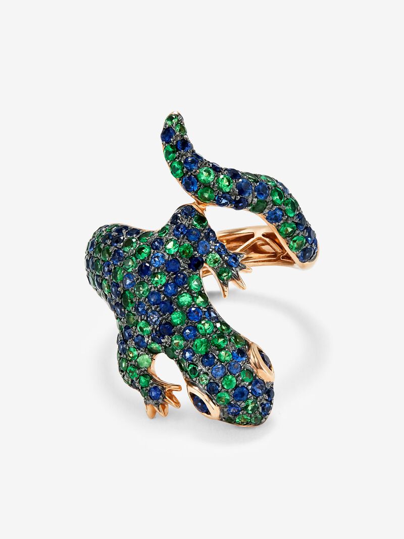 18K rose gold ring with 79 brilliant-cut tsavorites with a total of 1.35 cts and 81 brilliant-cut blue sapphires with a total of 1.35 cts in the shape of a salamander image number 1