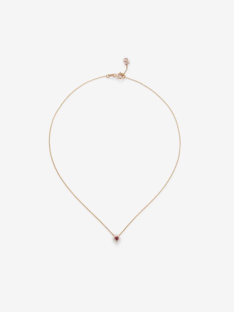 18K rose gold flower pendant chain with ruby and diamonds. image number 0