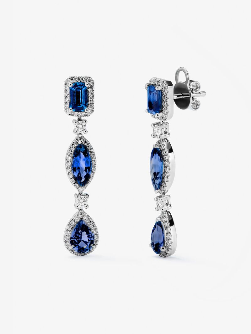 18K white gold earrings with oval-cut blue sapphires, marquise and 4.5 ct emerald and 0.67 ct brilliant-cut diamonds image number 0