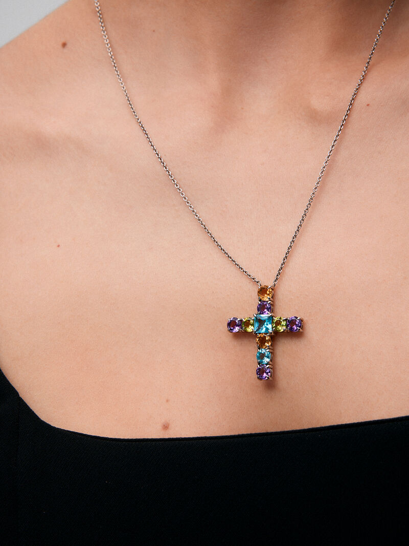 925 silver cross pendant with multicolored gems image number 3