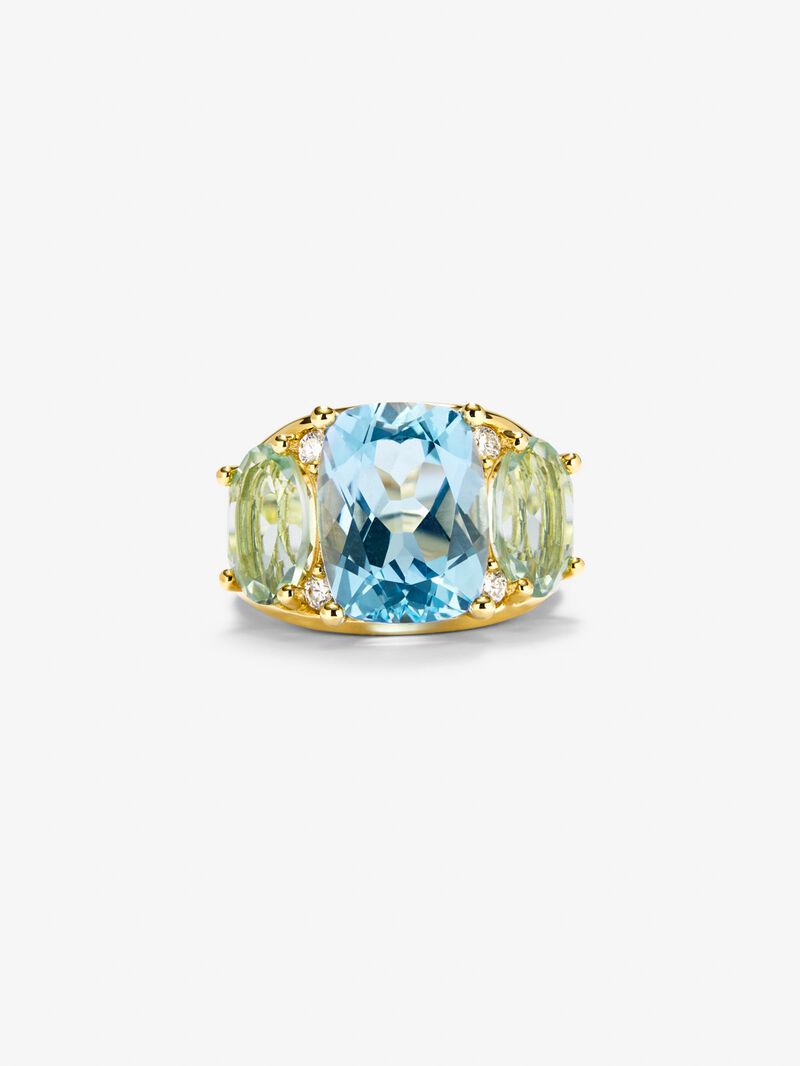 18kt yellow gold ring with diamonds, Sky Topacios and Green Ameatists image number 2