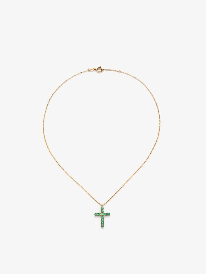 18K yellow gold pendant with a cross of 11 brilliant-cut emeralds with a total of 0.35 cts image number 0
