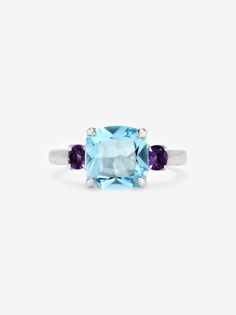 925 silver triple ring with cushion-cut sky blue topaz and brilliant-cut purple amethysts image number 2