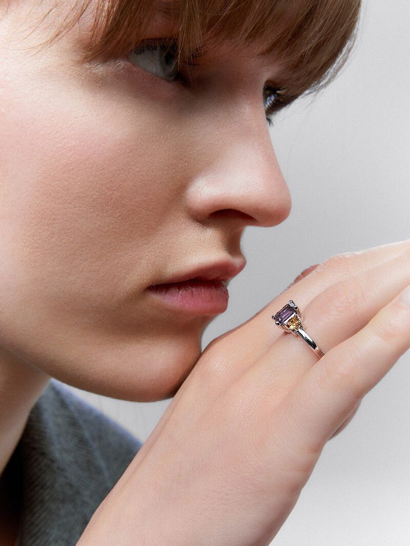 Silver Tiego Ring with central purple and yellow -citrinos ameatista stones image number 1