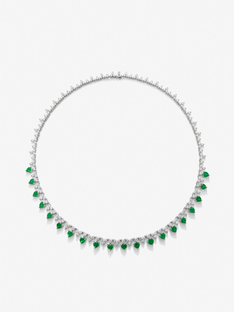 18K White Gold Rivière Necklace with green emeralds in the heart size of 4.42 cts and white diamonds in 6.76 cts bright size image number 0