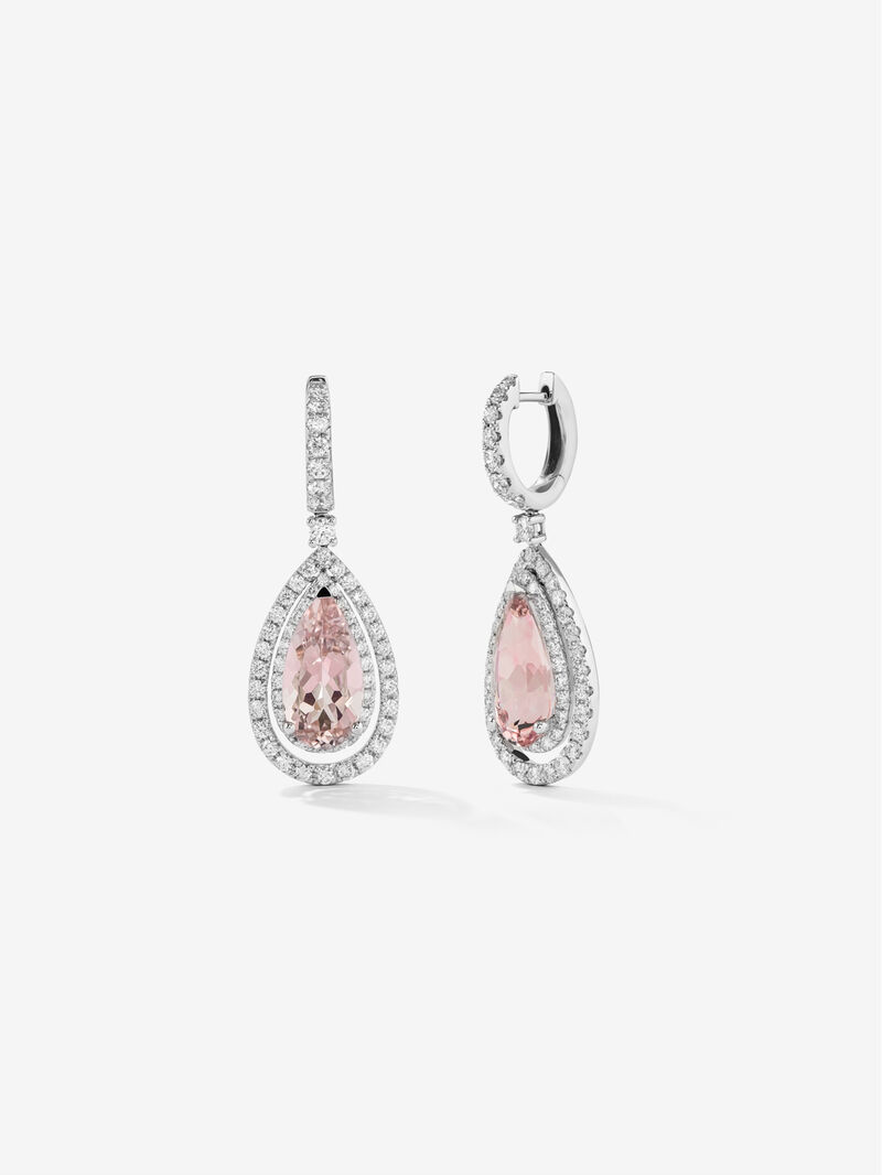 Morganite pear-shaped hoop pendant earrings with 18K white gold and diamonds image number 0