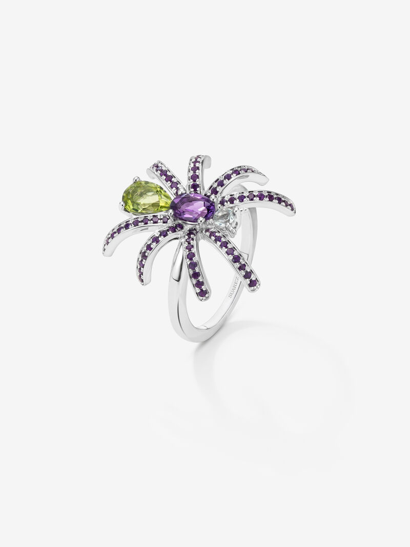 Silver spider ring with peridotos and amethyst image number 0