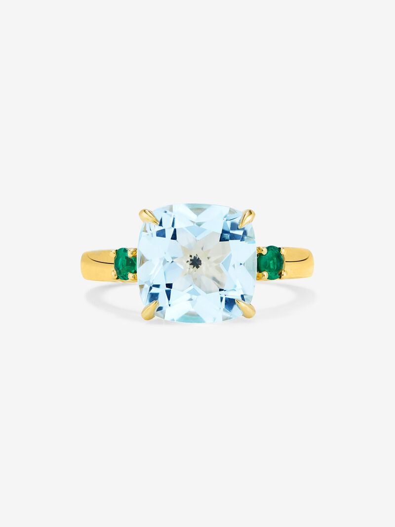 18K yellow gold triple ring with 4.88 ct cushion-cut sky blue topaz and 2 brilliant-cut green emeralds image number 2