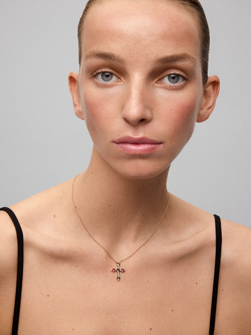 18K Rose Gold Cross Pendant Chain with Green Tourmaline and Pink Tourmaline image number 3