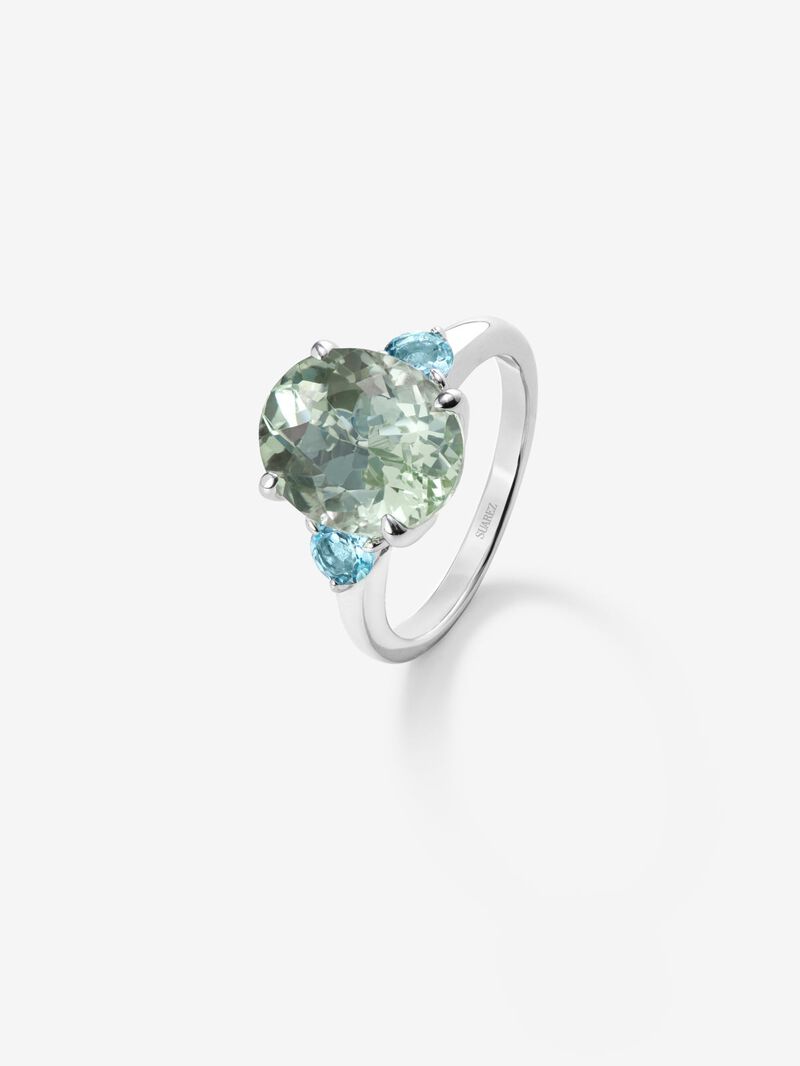 925 Silver Triplet Ring with Green Amethyst and Topazes image number 0