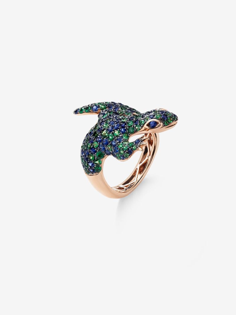 18K rose gold ring with 79 brilliant-cut tsavorites with a total of 1.35 cts and 81 brilliant-cut blue sapphires with a total of 1.35 cts in the shape of a salamander image number 0
