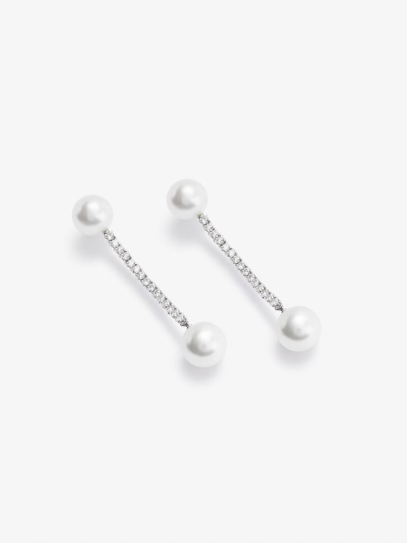 Long 18K white gold pendant earrings with diamond and pearl. image number 3