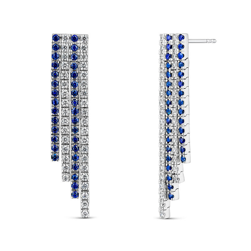 Pendientes largos hileras de oro blanco de 18kt con diamantes y zafiros azules, PE19212-OBDZ_V