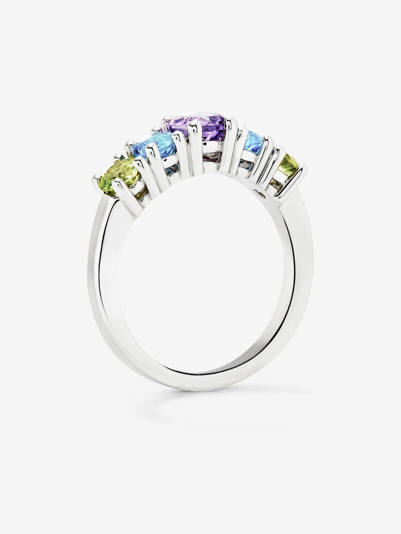 925 silver cinquillo ring with 2 peridots, a purple amethyst, and brilliant-cut Swiss blue topazes image number 4