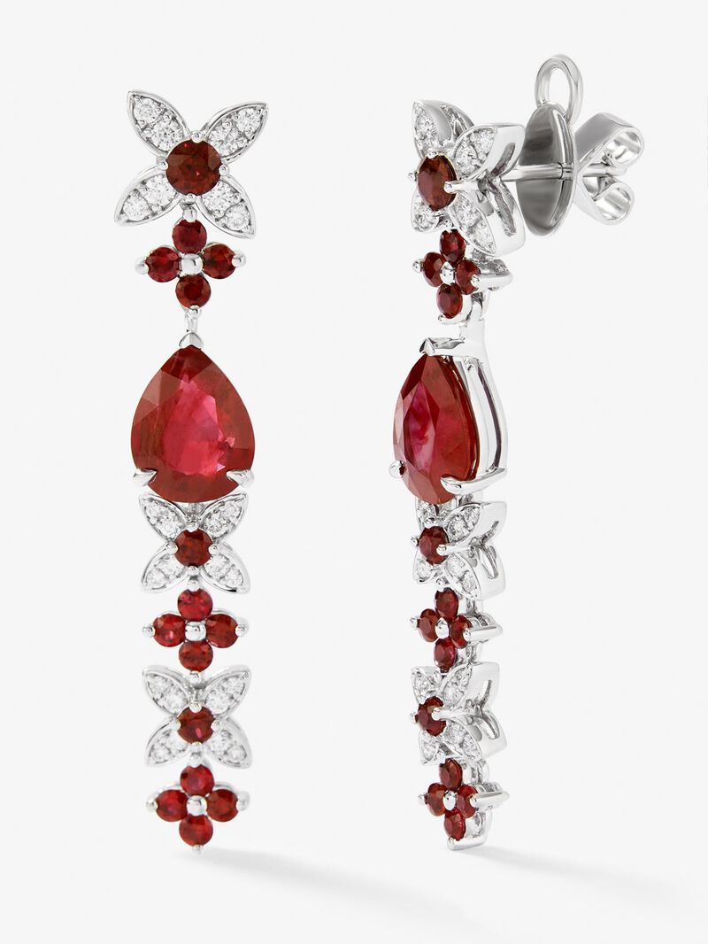 18k white gold earrings with red Pigeon blod rubies in pear size of 3.95 cts, red ruby ​​in bright size 1.63 cts and white diamonds in bright size of 0.5 cts image number 0