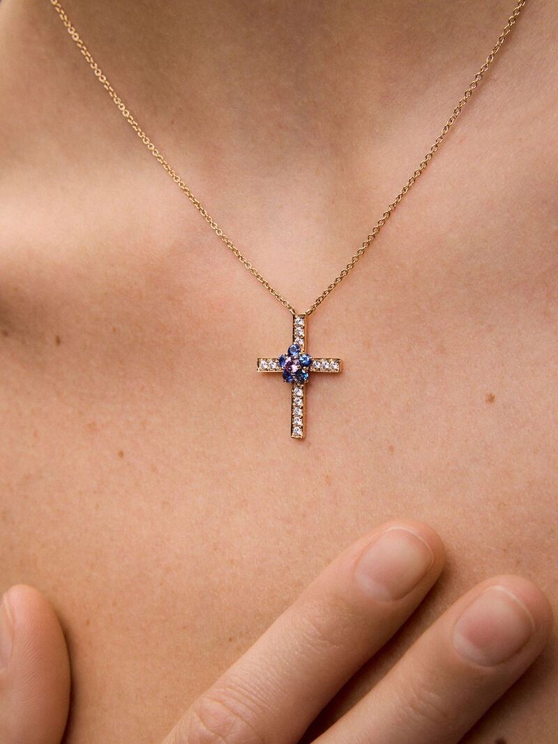 18kt Rose Gold Cross Pendant with Diamonds and Sapphire Flower image number 1