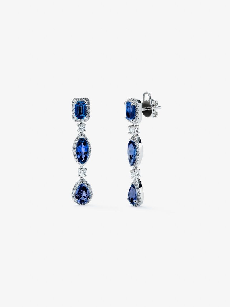 18K white gold earrings with oval-cut blue sapphires, marquise and 4.5 ct emerald and 0.67 ct brilliant-cut diamonds image number 0