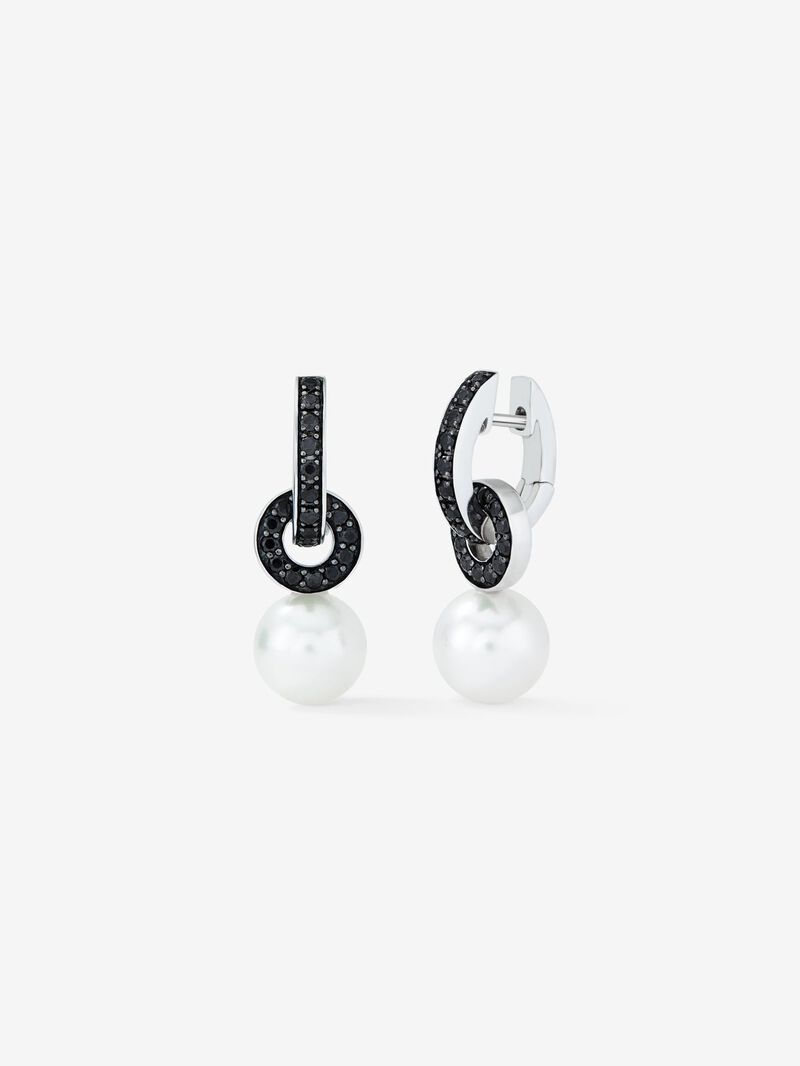 Double hoop earring made from 925 silver combined with 8.5 mm Akoya pearl and spinel. image number 0