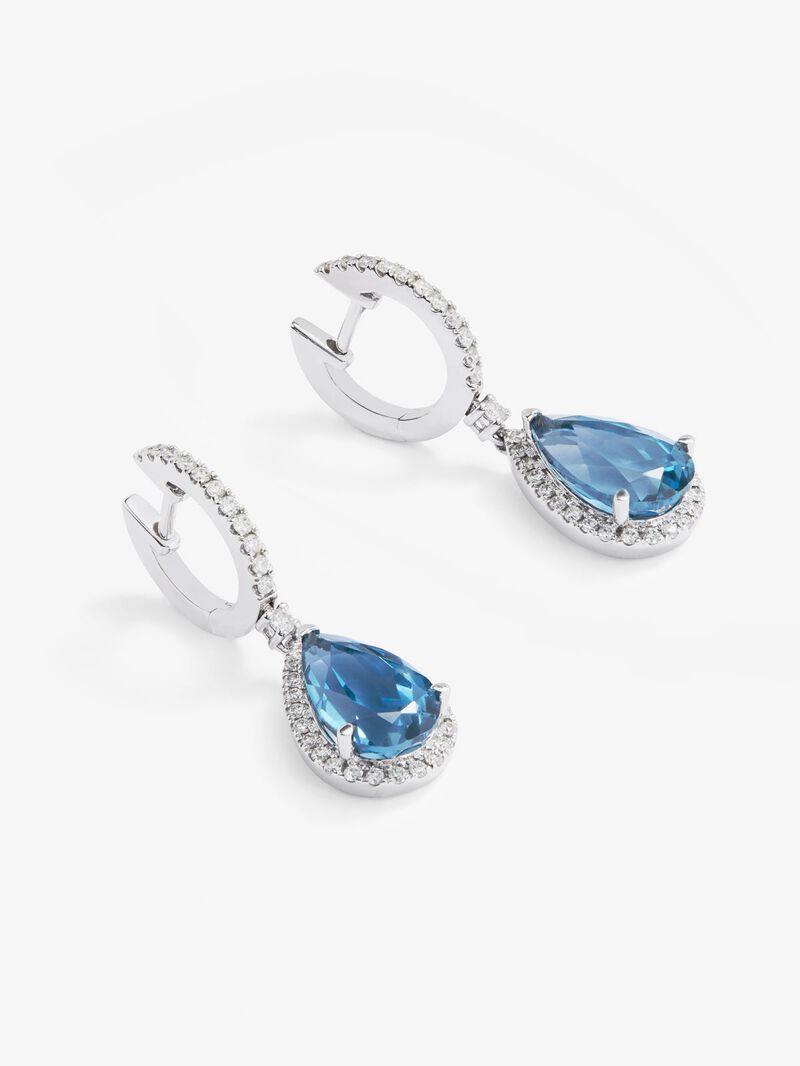 18K White Gold Hoop Earrings with Topaz and Diamond Pendant image number 2