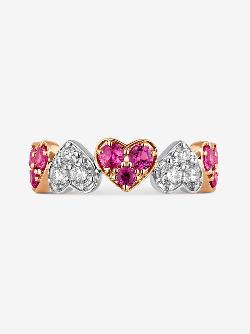 Rose gold and 18kt white gold hearts ring with pink sapphires and diamonds. image number 2
