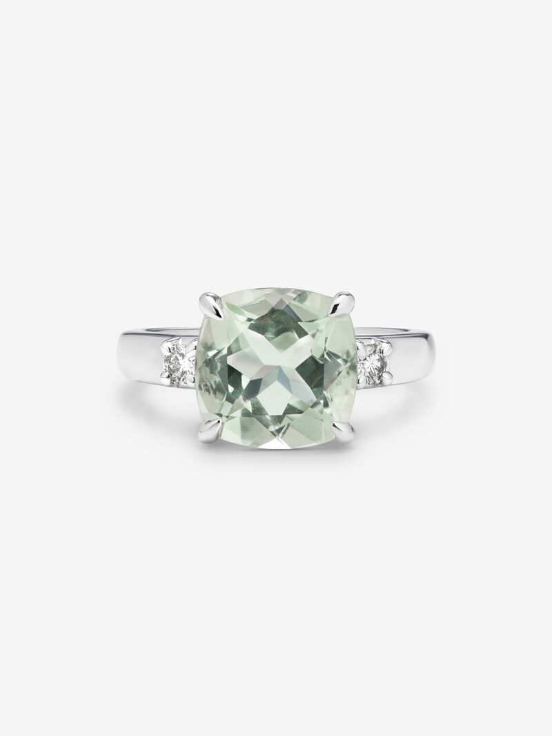 925 silver triple ring with cushion-cut green amethyst of 3.95 cts and 2 brilliant-cut diamonds with a total of 0.12 cts image number 2