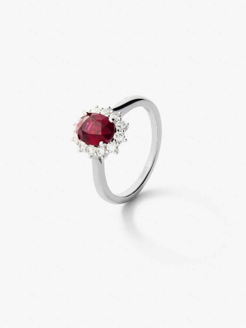 18K white gold ring with vivid red ruby ​​in oval cut of 1.57 cts and 12 brilliant cut diamonds with a total of 0.42 cts image number 0