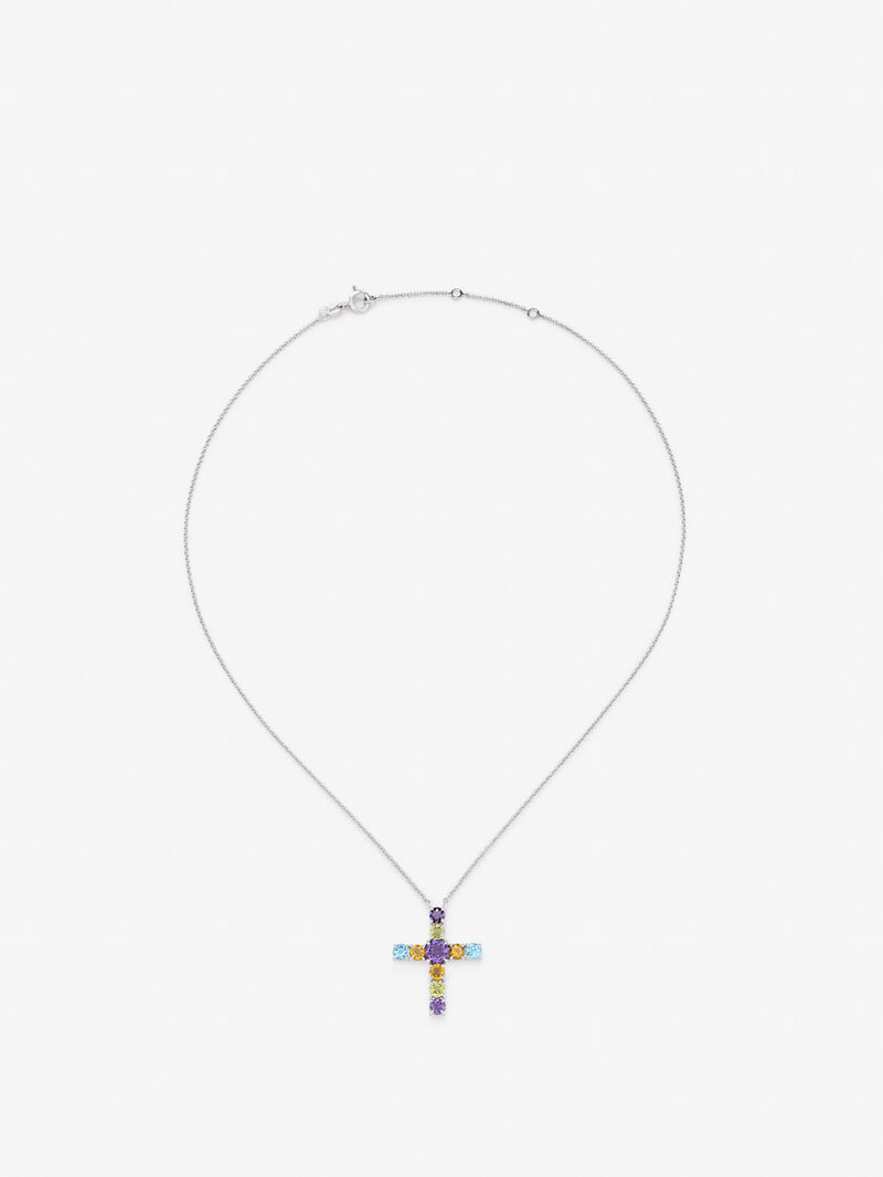 Pendant necklace with 925 silver cross and multicolor gems. image number 0