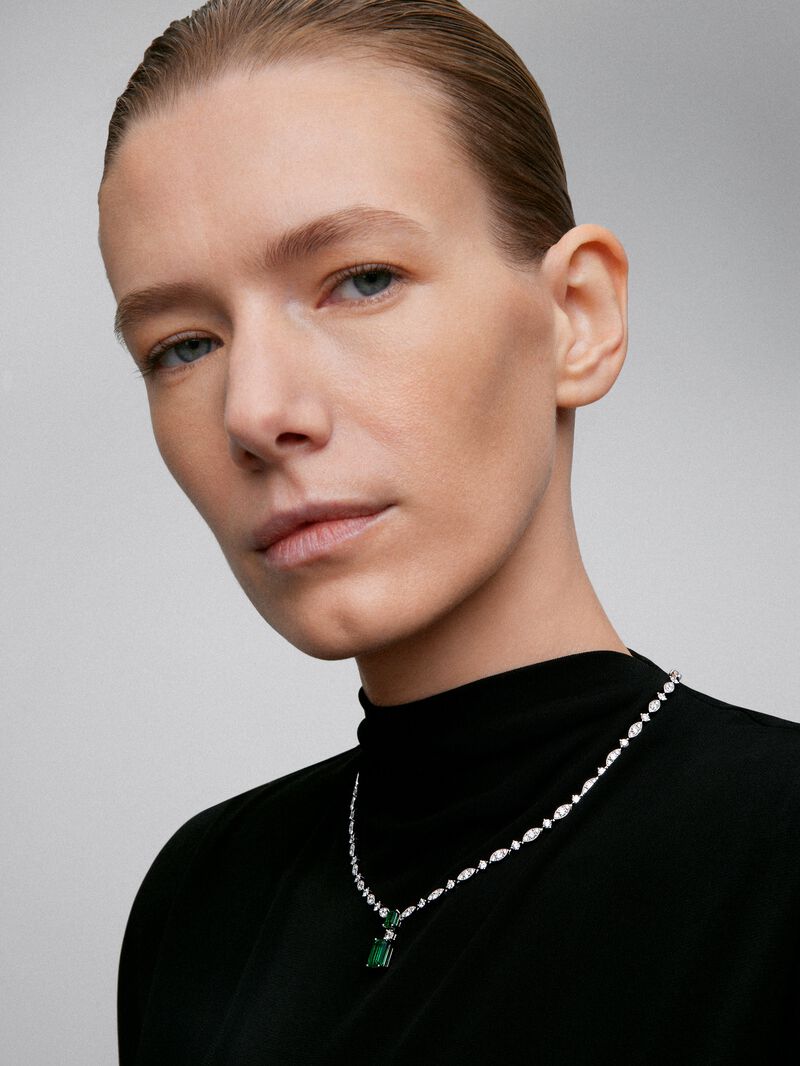 18K white gold necklace with 2 octagonal-cut green emeralds with a total of 3.59 cts and 136 brilliant-cut diamonds with a total of 7.24 cts image number 0