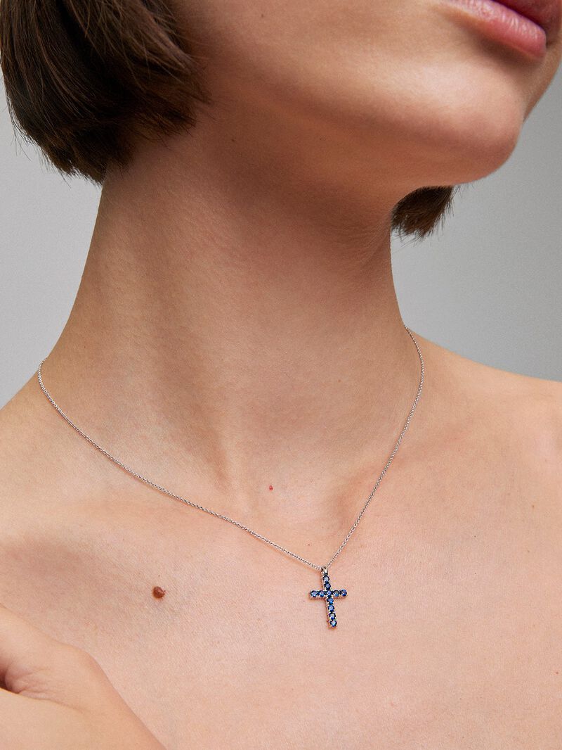 18K White Gold Cross Pendant Chain with Sapphire image number 1