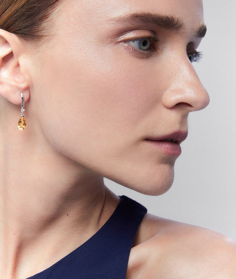 925 Silver hoop earrings with citrine and hanging diamond image number 3