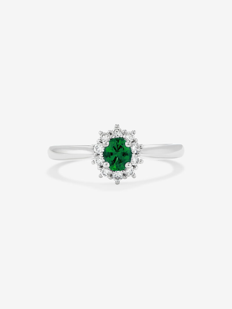18K White Gold Ring with Emerald Green oval size and white diamonds image number 2