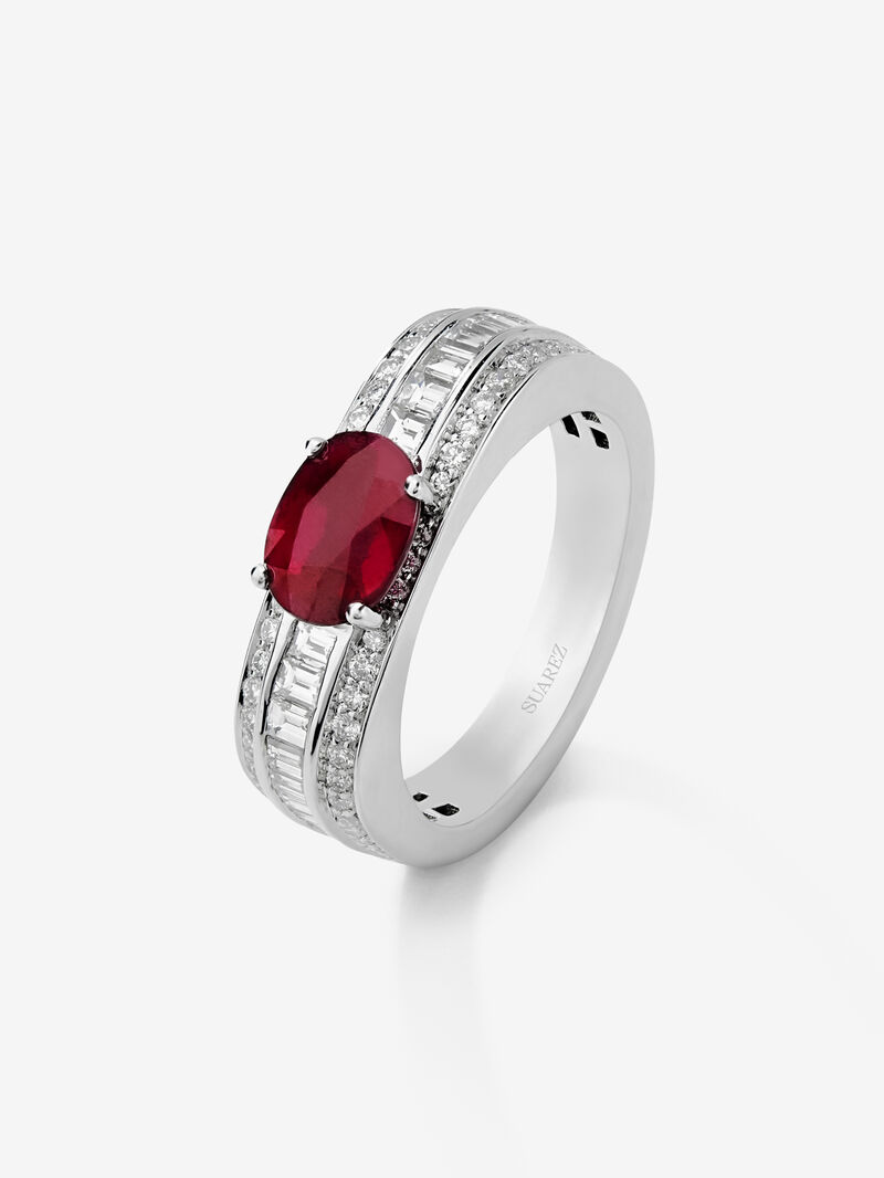 18K white gold ring with pigeon blood red ruby ​​in oval cut of 1.49 cts and 98 diamonds in baguette and brilliant cut with a total of 0.81 cts image number 0