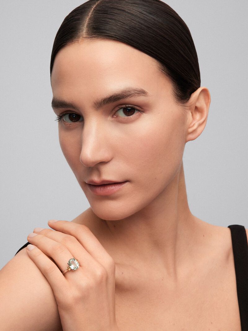 925 silver triple ring with oval-cut green amethyst of 4.55 cts and 2 brilliant-cut citrine quartz with a total of 0.46 cts image number 1