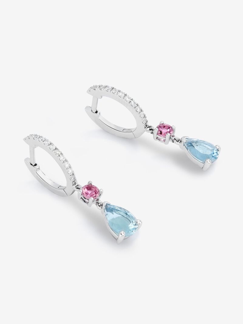 Hoop earrings with 18K white gold pendant featuring aquamarine and tourmaline. image number 2