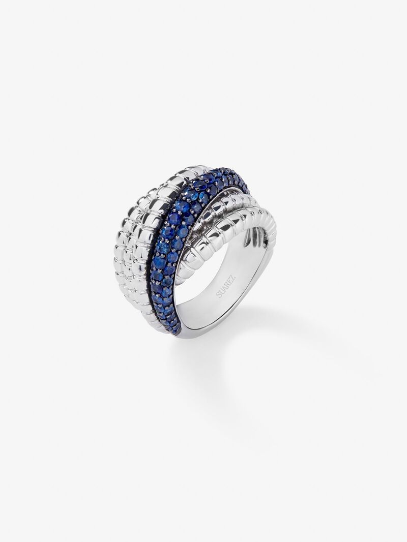 Wide multiband torsade ring in 925 silver with sapphires image number 1