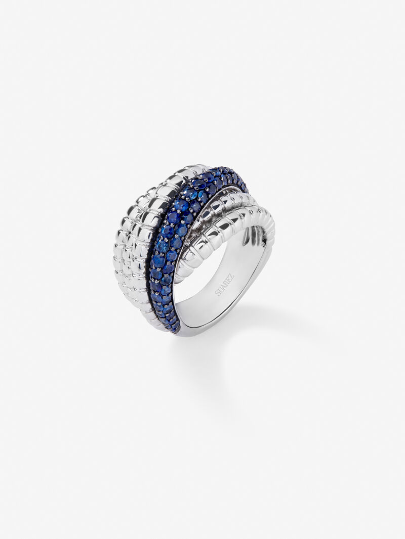 Wide multiband torsade ring in 925 silver with sapphires image number 1