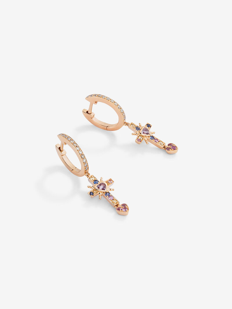 18K Rose Gold Hoop Earrings with Sapphire and Diamond Pendant image number 2