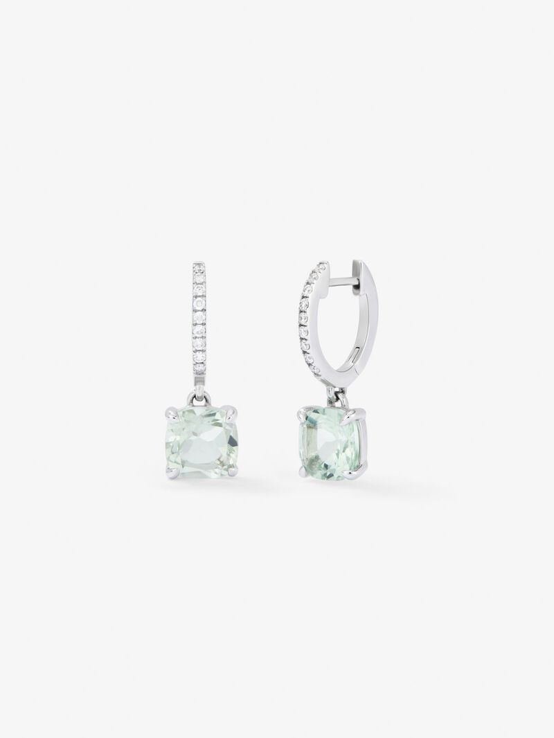18K white gold hoop earrings with 2 green amethysts totaling 3.27 cts and 18 diamonds totaling 0.14 cts image number 0