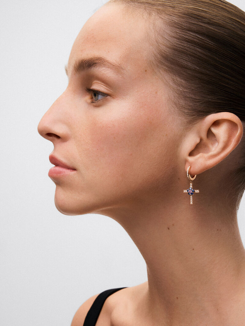 18kt rose gold hoop earrings with diamond cross and flower with sapphires. image number 3