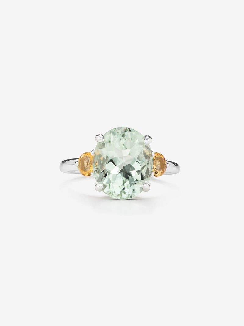 925 Silver three-stone ring with green amethyst and citrine. image number 1