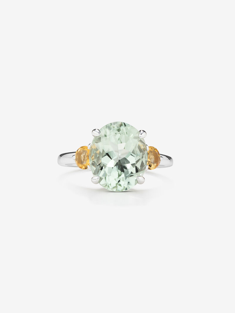 925 Silver three-stone ring with green amethyst and citrine. image number 1