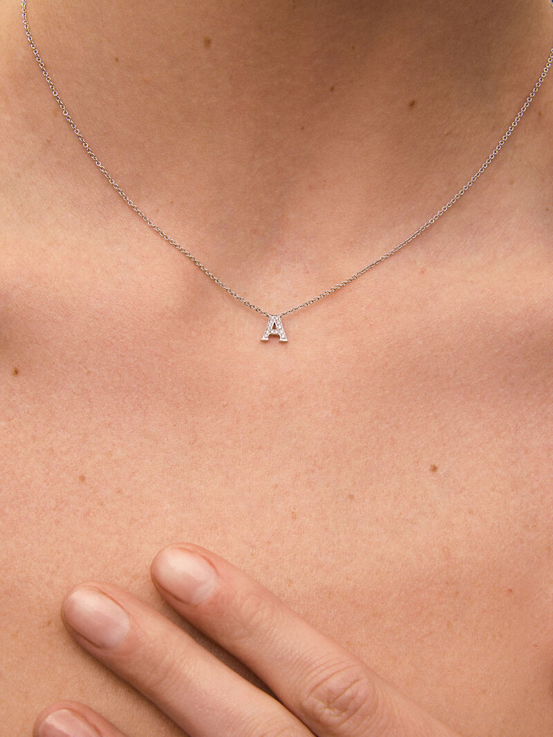 Pendant necklace with small initial in 18K white gold and diamonds. image number 3