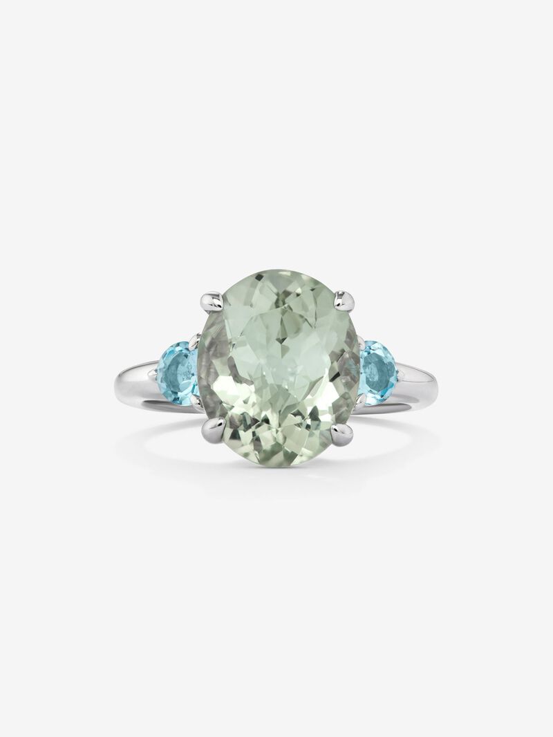 925 silver triple ring with oval-cut green amethyst and 2 brilliant-cut Swiss blue topazes image number 2
