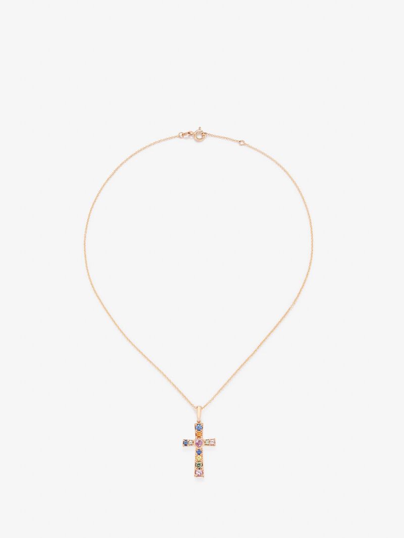 18K Rose Gold Cross Pendant Chain with Sapphire image number 0