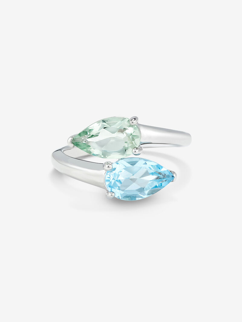You and me ring in 925 silver with sky blue topaz and pear-cut green amethyst image number 2