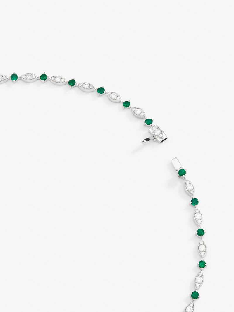 18K white gold necklace with green emerald in 1.68 cts pear size, green and oval emeralds of 3.7 cts and white diamonds in bright size of 3.1 cts image number 4