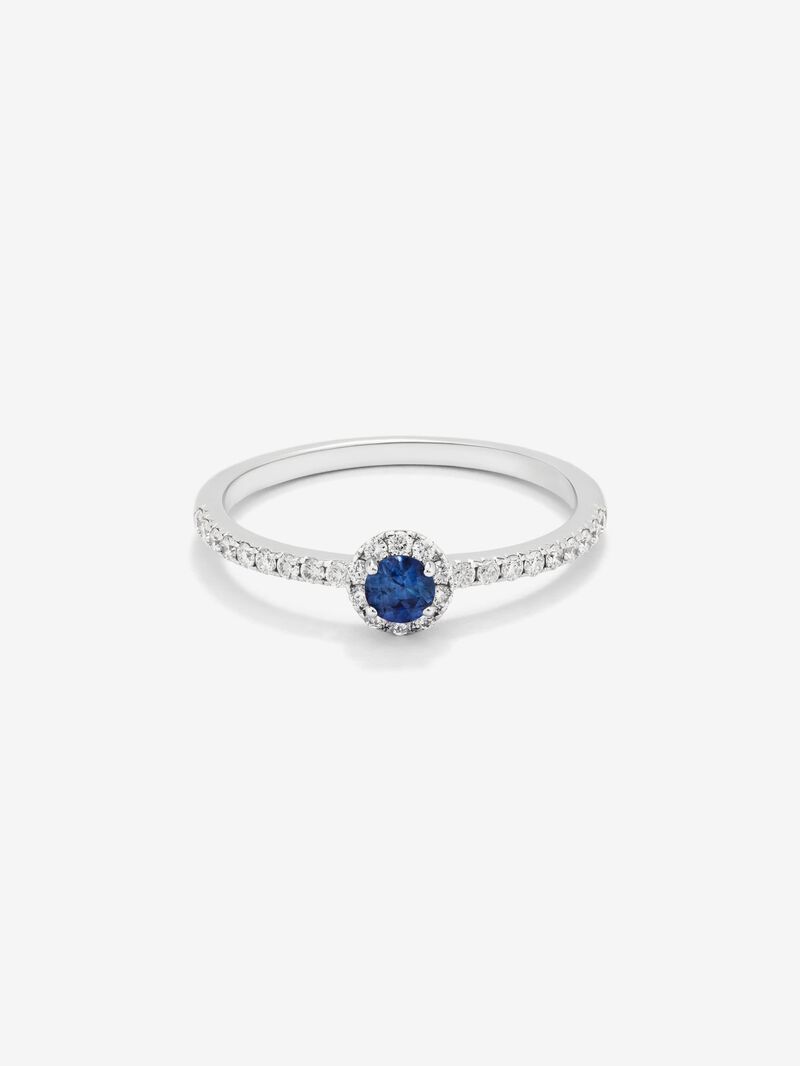 18K white gold ring with brilliant-cut blue sapphire of 0.15 cts and border and arm of 28 brilliant-cut diamonds with a total of 0.2 cts image number 2