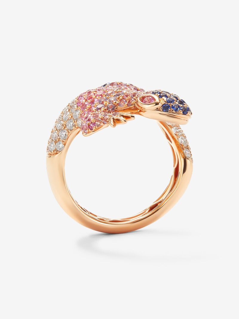 18K rose gold ring with 20 brilliant-cut diamonds with a total of 3.3 cts and 160 multicolored sapphires with a total of 2.69 cts in the shape of a salamander image number 4