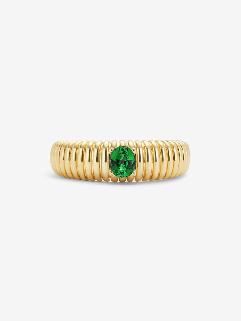 18K Yellow Gold Fluted Ring with Oval Cut Green Emerald image number 1